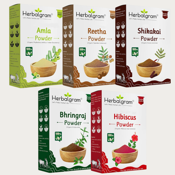 Pure and Natural Amla Reetha Shikakai Bhringraj Hibiscus Powder 500gm Pack For Hair Care & Mask For All Types Of Hairs Pack of 5 x 100gm for Men and Women