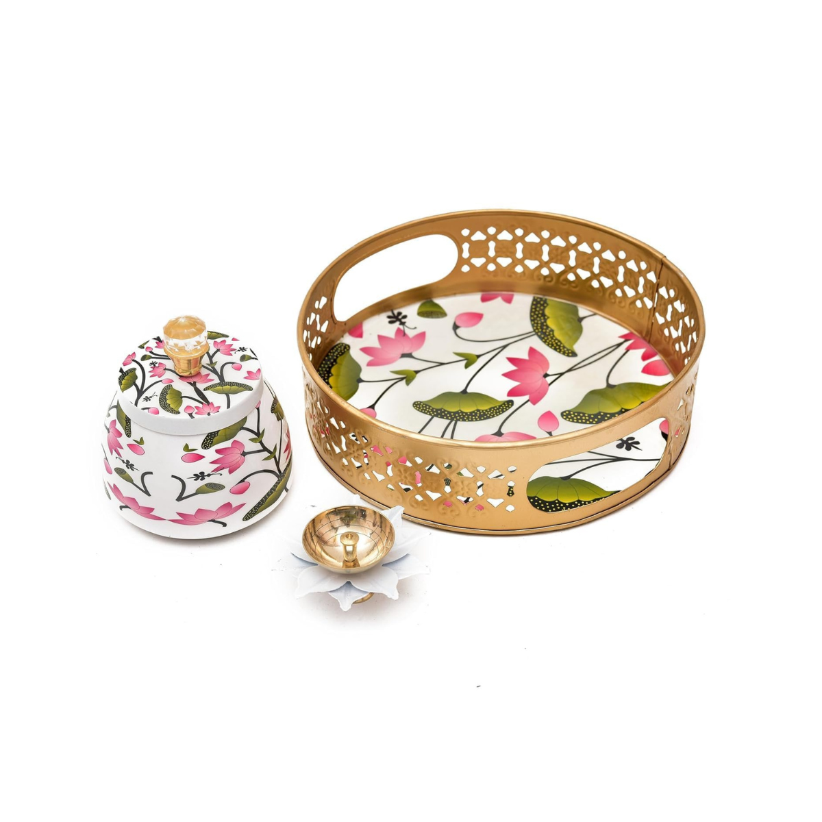 Metal Pichwai Tray with Steel Jar and Lotus Brass Diya 8 Inch