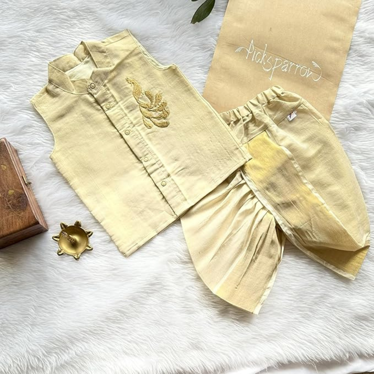 Baby Boy Cotton Silk-Tissue Kasavu Cotton Shirt with Dhoti pant (Peacock-Sleeveless)