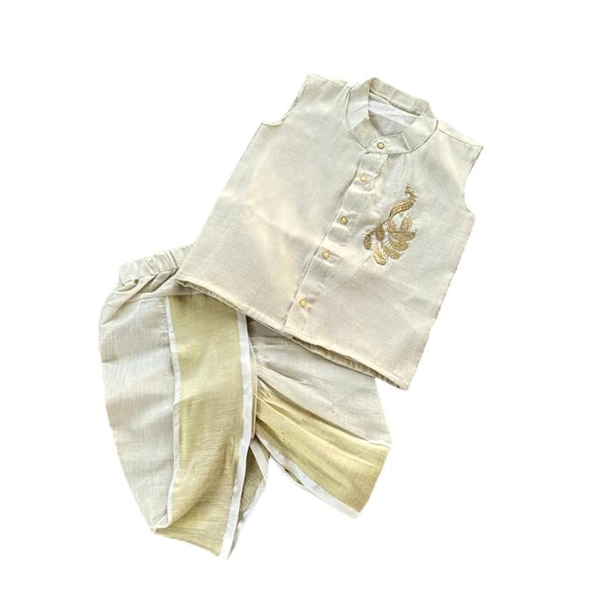 Baby Boy Cotton Silk-Tissue Kasavu Cotton Shirt with Dhoti pant (Peacock-Sleeveless)