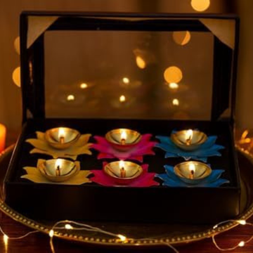 Brass/ Iron Jyot Set of 6 – Multicolor Leaf Design Oil Lamps
