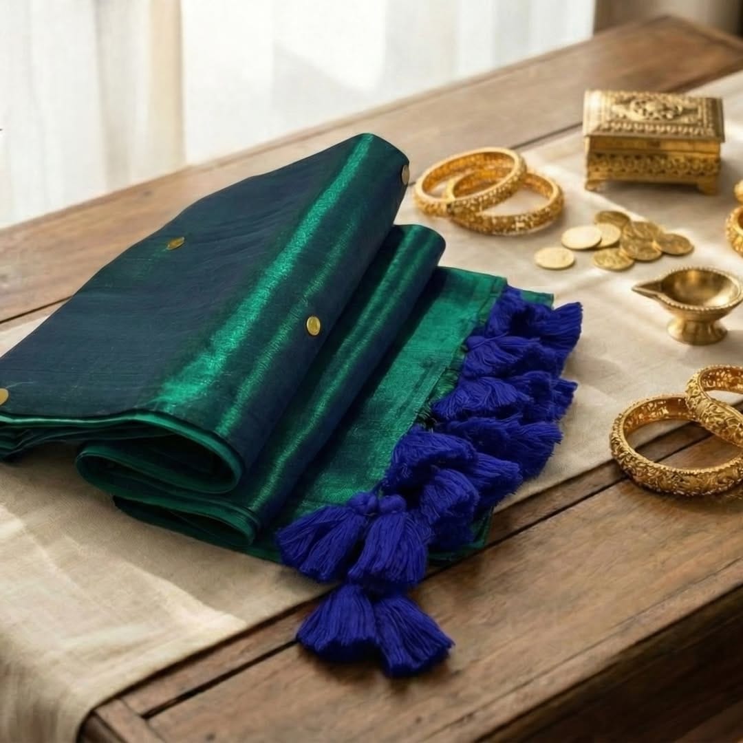 Premium Peacock Blue Raga Tissue Soft Silk Saree for Women | Elegant Gini Work | Rich Zari Border | Wedding & Festive Wear