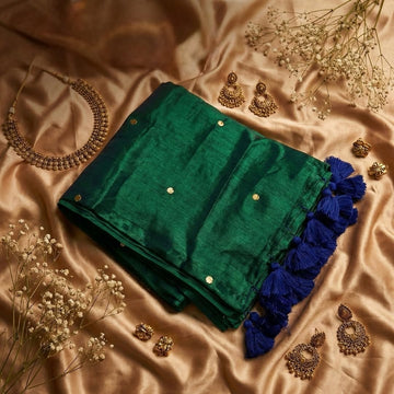 Premium Peacock Blue Raga Tissue Soft Silk Saree for Women | Elegant Gini Work | Rich Zari Border | Wedding & Festive Wear
