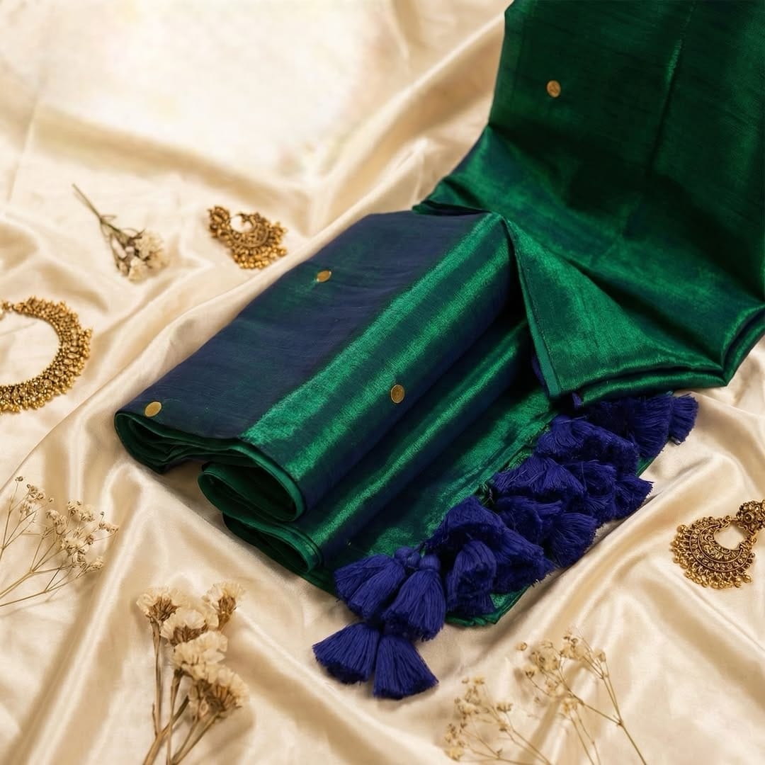 Premium Peacock Blue Raga Tissue Soft Silk Saree for Women | Elegant Gini Work | Rich Zari Border | Wedding & Festive Wear