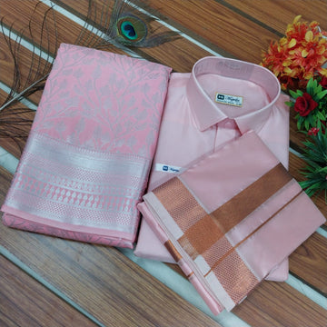 Premium Silk Couple Combo Set | Men’s Silk Shirt & Dhoti with Bridal Semi Silk Saree | Traditional Wedding & Festive Wear