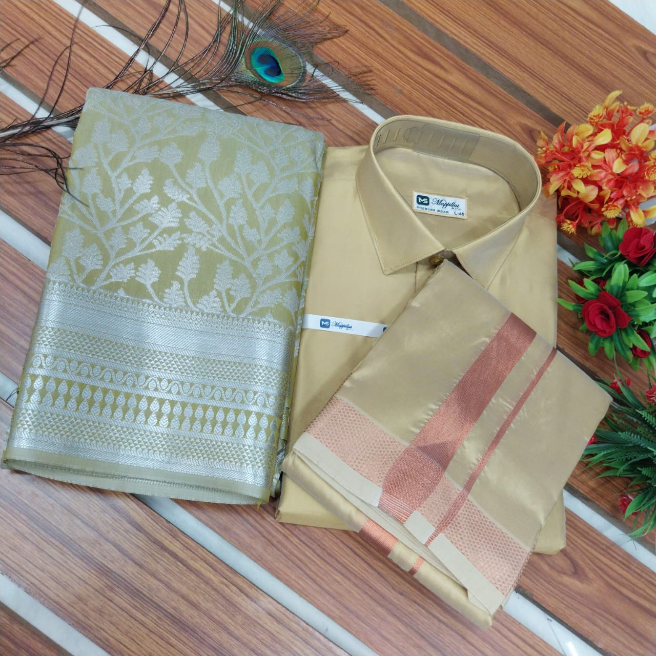 Premium Silk Couple Combo Set | Men’s Silk Shirt & Dhoti with Bridal Semi Silk Saree | Traditional Wedding & Festive Wear