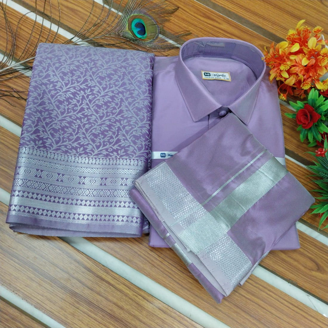 Premium Silk Couple Combo Set | Men’s Silk Shirt & Dhoti with Bridal Semi Silk Saree | Traditional Wedding & Festive Wear