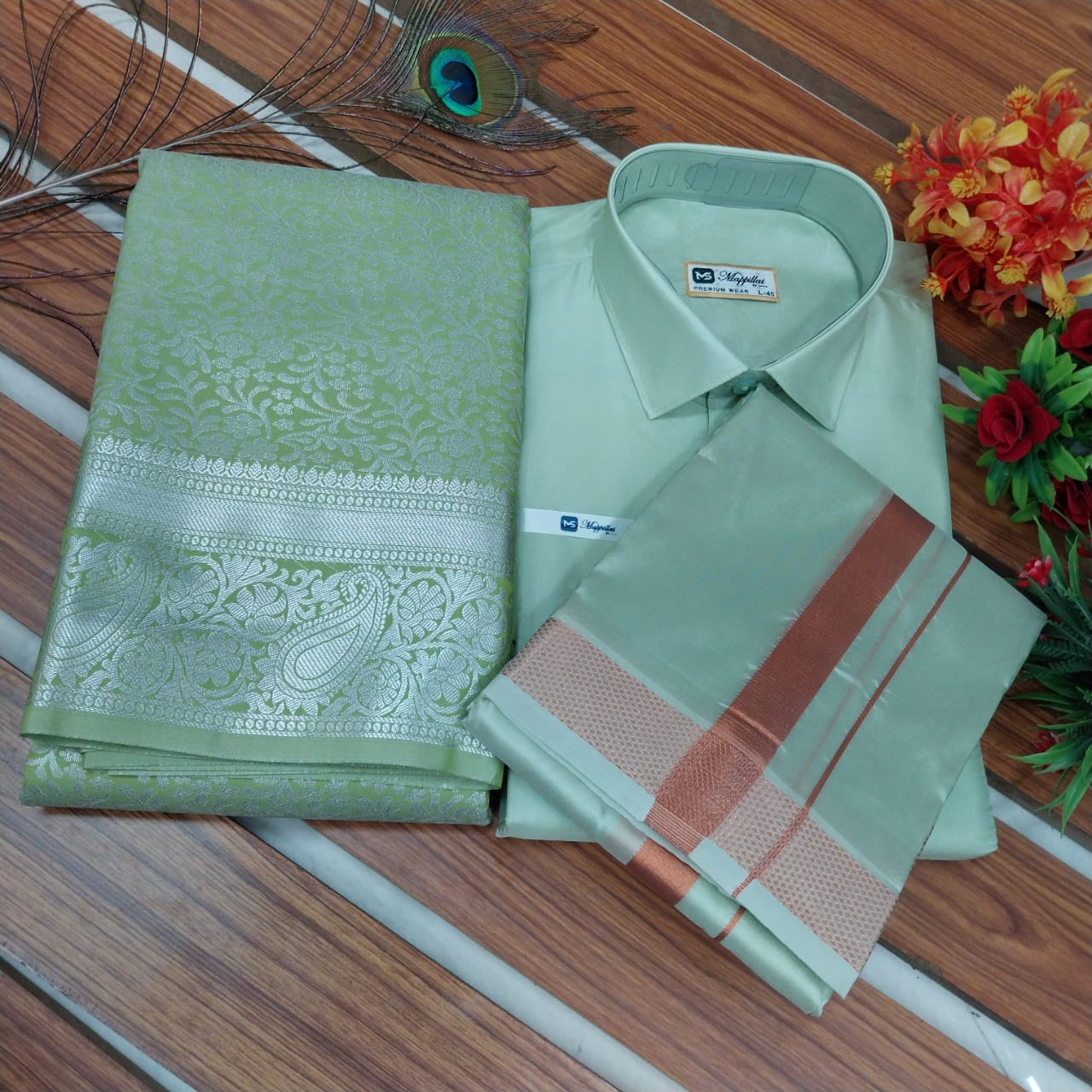 Premium Silk Couple Combo Set | Men’s Silk Shirt & Dhoti with Bridal Semi Silk Saree | Traditional Wedding & Festive Wear