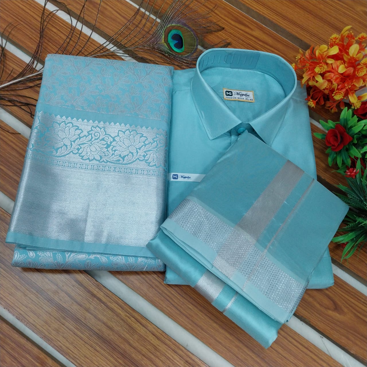 Premium Silk Couple Combo Set | Men’s Silk Shirt & Dhoti with Bridal Semi Silk Saree | Traditional Wedding & Festive Wear