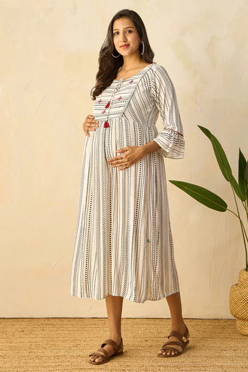Autumnal Floral Printed Maternity Dress with Neck Tie-up