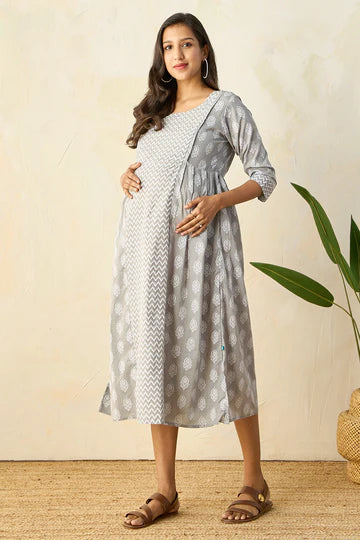 Panelled A-Line Maternity Kurta with Foil Mirror Embellished Yoke