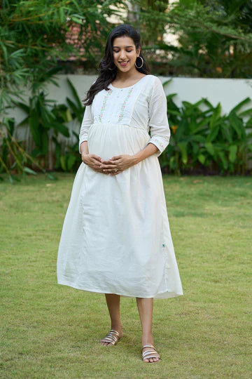 Autumnal Floral Printed Maternity Dress with Neck Tie-up