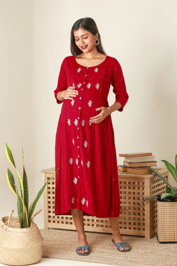 Panelled A-Line Maternity Kurta with Foil Mirror Embellished Yoke