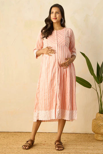 Panelled A-Line Maternity Kurta with Foil Mirror Embellished Yoke