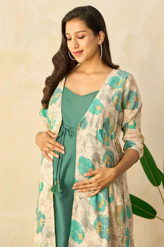Floral Printed Jacket with Spaghetti Maternity Dress