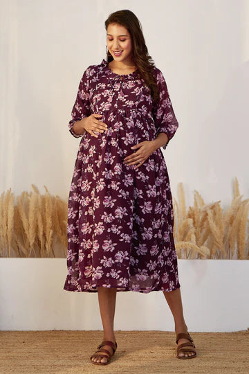 Autumnal Floral Printed Maternity Dress with Neck Tie-up