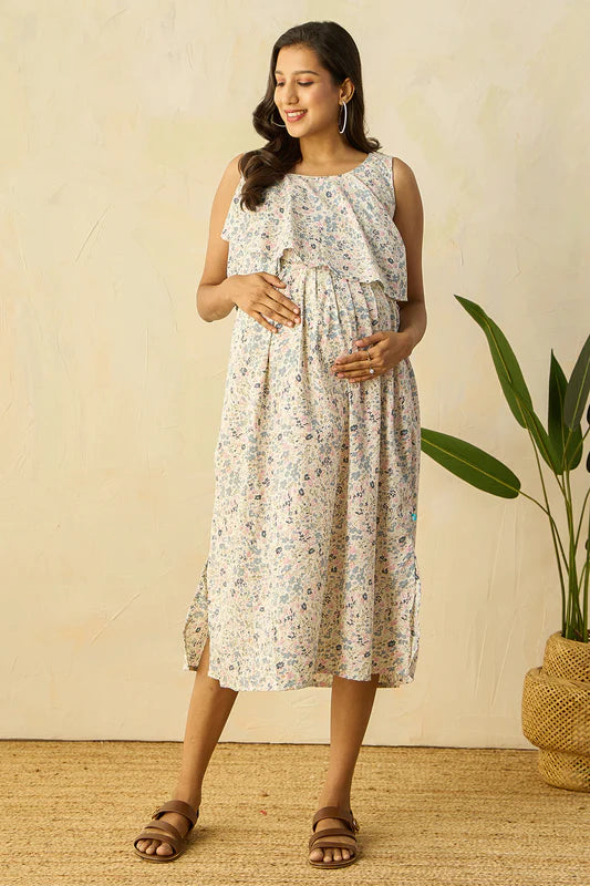 Ruffled Yoke with Ditsy Floral Printed Maternity Dress