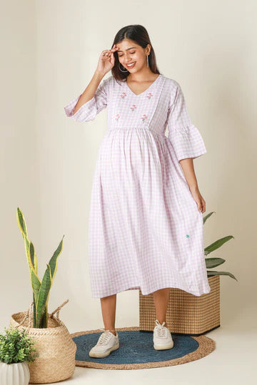 Panelled A-Line Maternity Kurta with Foil Mirror Embellished Yoke