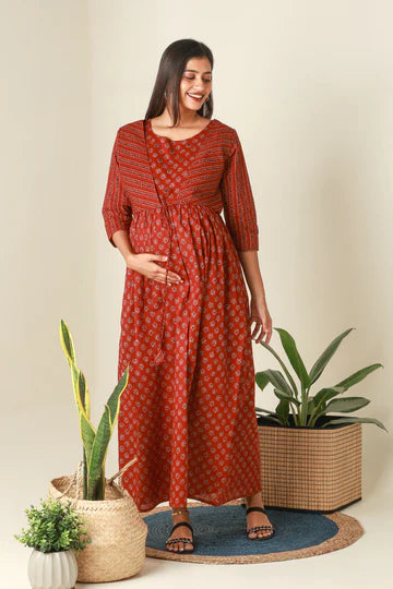 Autumnal Floral Printed Maternity Dress with Neck Tie-up
