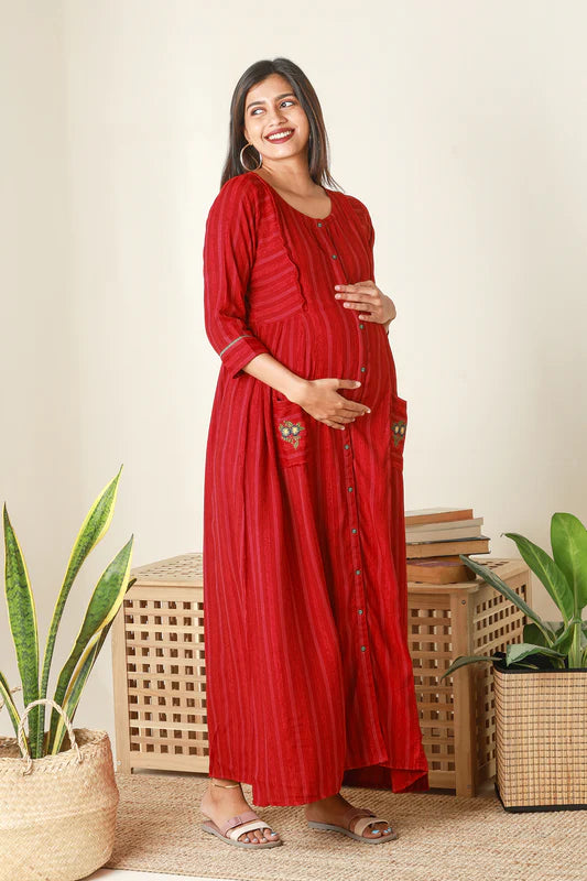 Autumnal Floral Printed Maternity Dress with Neck Tie-up