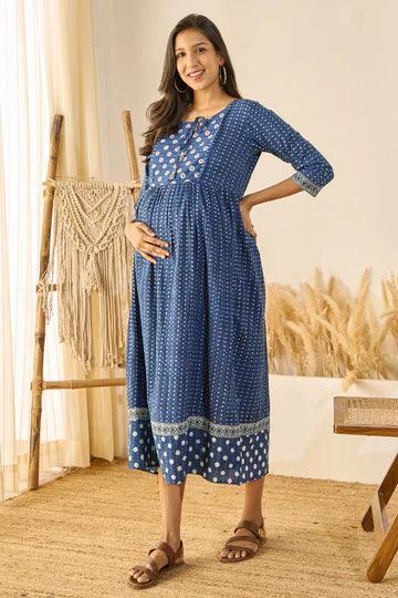 Panelled A-Line Maternity Kurta with Foil Mirror Embellished Yoke