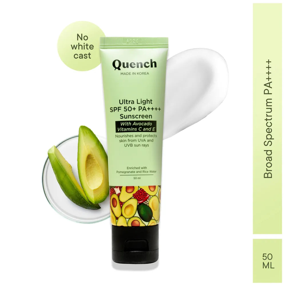 Quench SPF 50+ PA++++ Korean Sunscreen with Avocado & Vitamin E No White Cast