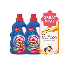 Wipro Safewash Liquid Detergent for Gentle Wash - Buy 1 Get 1 Free + Santoor Classic Hand Wash Combo